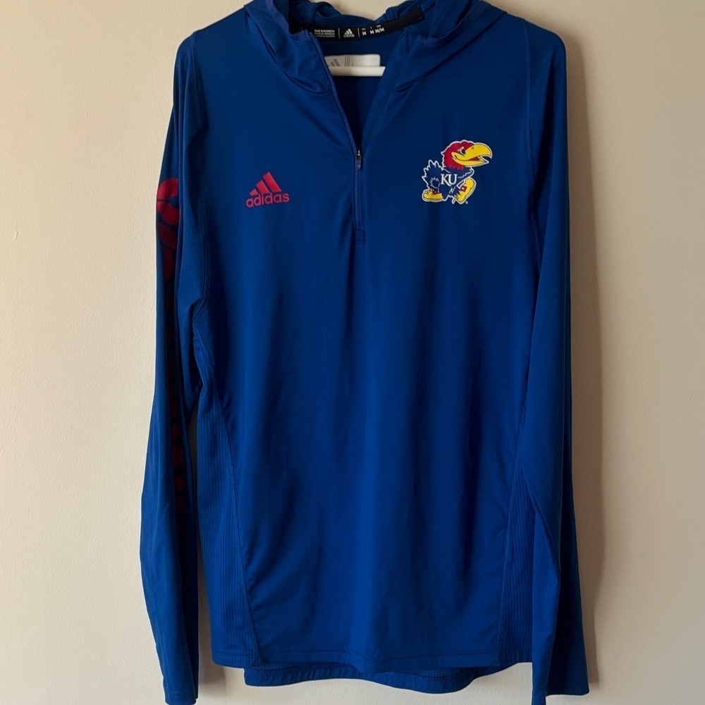 adidas Royal Blue Kansas Jayhawks 1/4 Zip Hooded Pullover